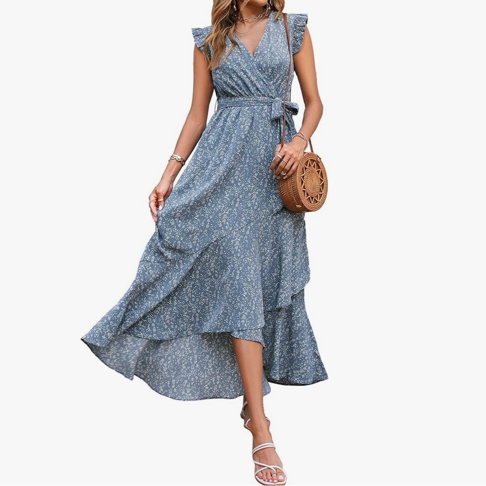 Women Summer dress Ruffle Cap Sleeve V Neck Belt Wrap Split Boho Floral